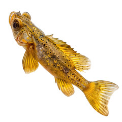 Naklejka premium Yellowish Goby Fish: Close-up studio shot of a small yellowish goby fish, isolated on white background, showcasing its intricate details and vibrant colors. Ideal for scientific, educational.
