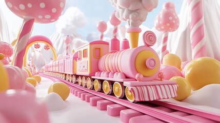 Pink candy train traveling through a whimsical landscape.