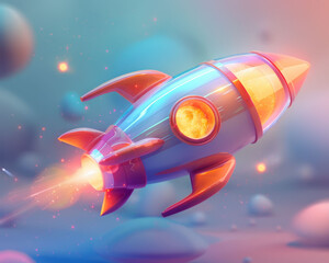 colorful spacecraft with glowing elements soaring through dreamy background, evoking sense of adventure and exploration