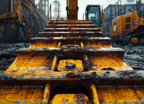 A row of yellow construction equipment is covered in mud. The scene is dirty and muddy, with the equipment looking worn and rusted