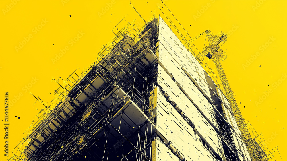 Poster building under construction with scaffolding and crane against bright yellow background, showcasing 