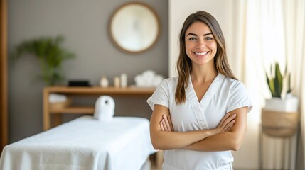 Smiling professional in a wellness setting with a treatment table.
