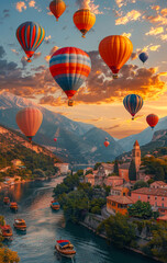 Obraz premium A beautiful scene of hot air balloons flying over a river with a town in the background. The balloons are of different colors and sizes, creating a sense of excitement and wonder.