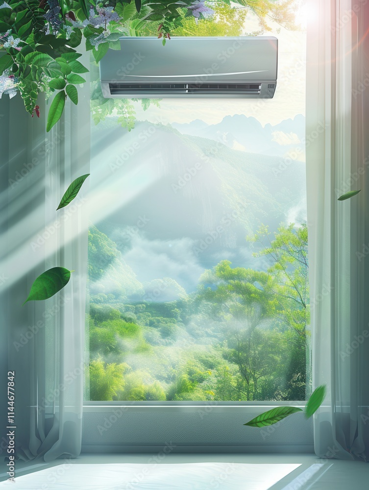 Poster air conditioner mounted on wall with open window revealing a serene landscape filled with greenery d