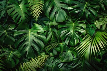 Tropical green leaves background with dark toning  close up.