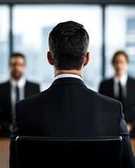 A professional individual sits facing two interviewers, emphasizing a business meeting or job interview setting.