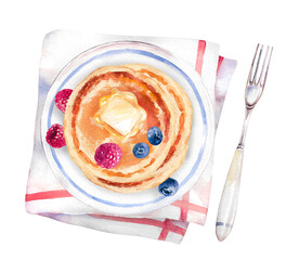 Hand drawn watercolor pancakes with berries and butter served in a plate on napkin with a fork