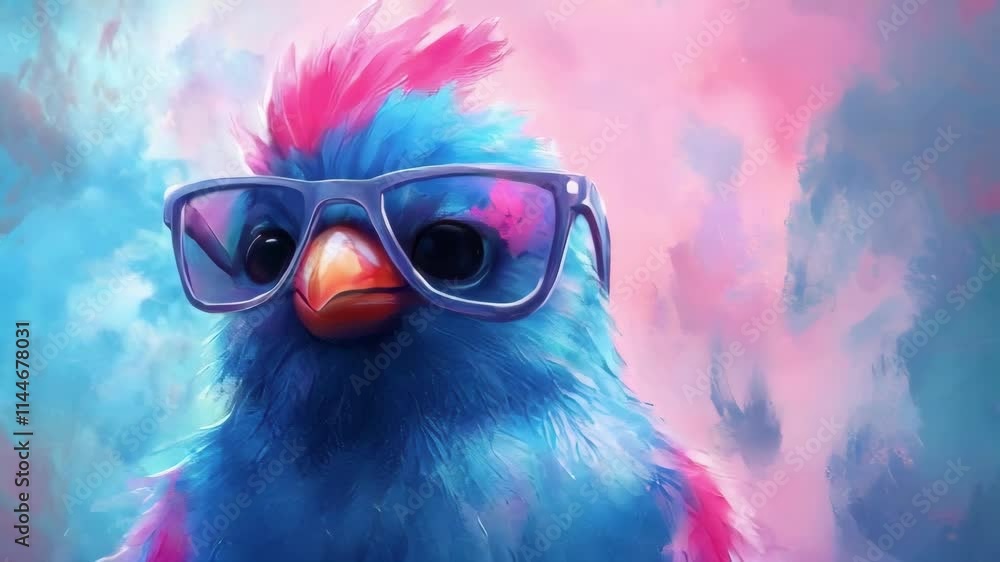 Poster a vibrant, stylized bird sporting sunglasses against a colorful backdrop. ideal for projects needing
