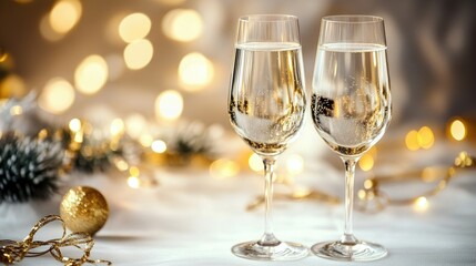 New Year's Eve champagne glasses filled with bright festive holiday lights