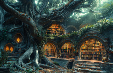 Fototapeta premium A tree with many branches and a lot of books. Scene is mysterious and intriguing