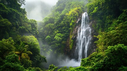 Fototapeta premium Cascading waterfall flows into serene pool surrounded by lush tropical foliage