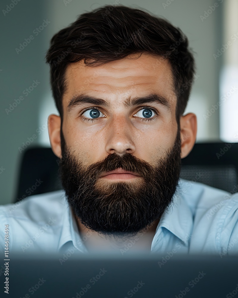 Poster a focused young man with a beard appears deep in thought while looking at a computer screen in an of
