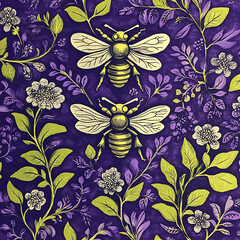 Vibrant Floral and Bee Pattern Featuring Detailed Illustrations on a Rich Purple Background for Decorative and Nature-Themed Projects