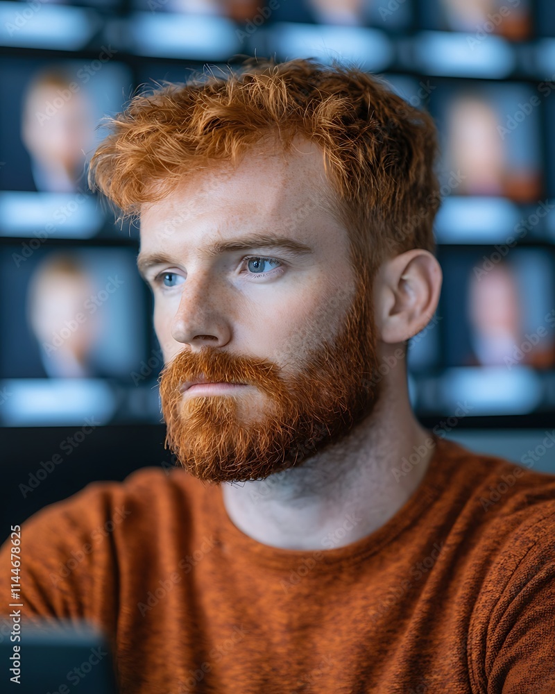 Poster a focused man with red hair and a beard is seated in front of multiple screens, deep in thought and 