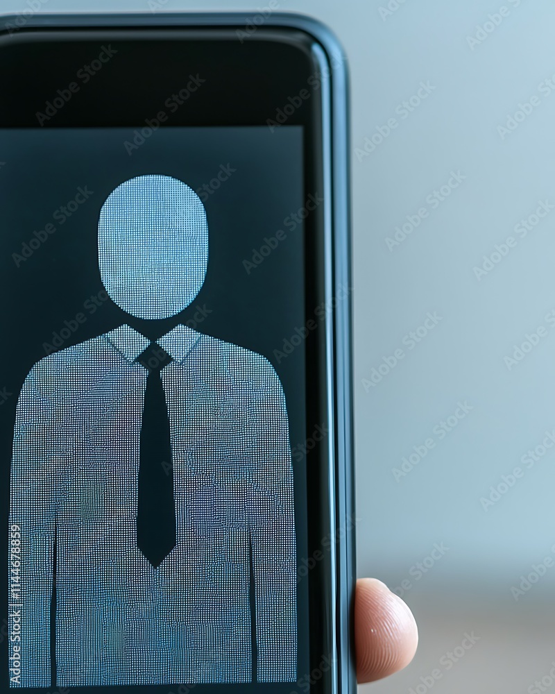 Poster a stylized figure in a suit is displayed on a smartphone, created using a grid of dots, symbolizing 
