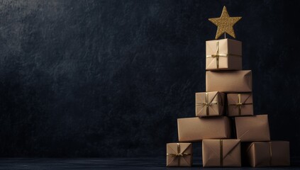 A stack of brown gift boxes in the shape of a Christmas tree on a dark background with copy space, with a golden star topper.