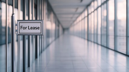 A modern corridor with large windows features a "For Lease" sign, indicating available commercial space.