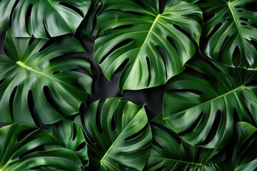 Obraz premium Monstera leaves on black background trendy fashion pattern design.