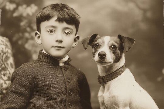 Fototapeta Vintage black and white photo of a boy in historical clothing with a small terrier dog.