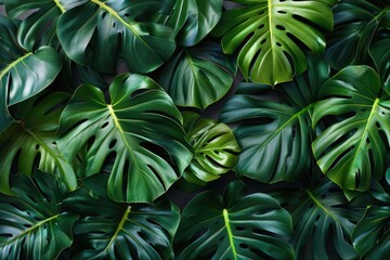 Obraz premium Monstera leaves on black background trendy fashion pattern design.