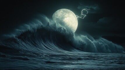 Giant tidal wave rises ominously under a full moon amidst electric storm clouds
