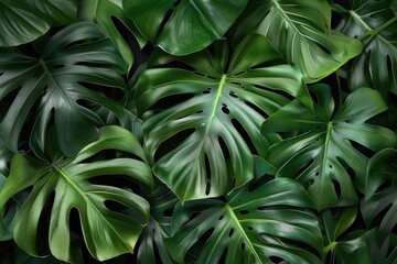 Obraz premium Monstera leaves on black background trendy fashion pattern design.