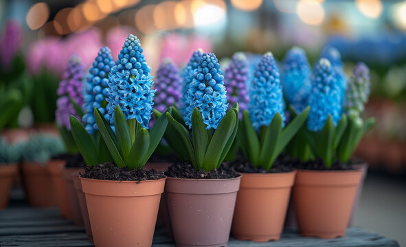 A row of blue and purple flowers in small pots. The flowers are in a greenhouse - Powered by Adobe