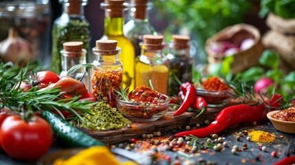 Assorted spices, oils, and fresh herbs on a rustic table