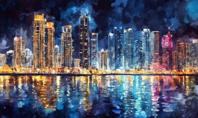 Obraz premium Watercolor the business bay of dubai at night