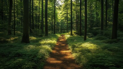 Fototapeta premium Lush forest path illuminated by dappled sunlight in a serene woodland setting