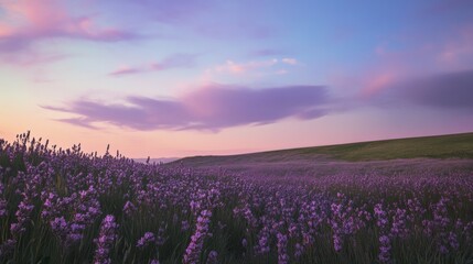 Fototapeta premium Vast lavender field stretching into rolling hills under a pastel sky with soft clouds, creating a serene and aromatic landscape filled with tranquil beauty and natural charm.