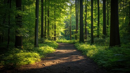 Obraz premium Lush forest path illuminated by dappled sunlight in serene woodland setting