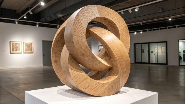 Minimalist Abstract Wood Sculpture Displayed in Gallery