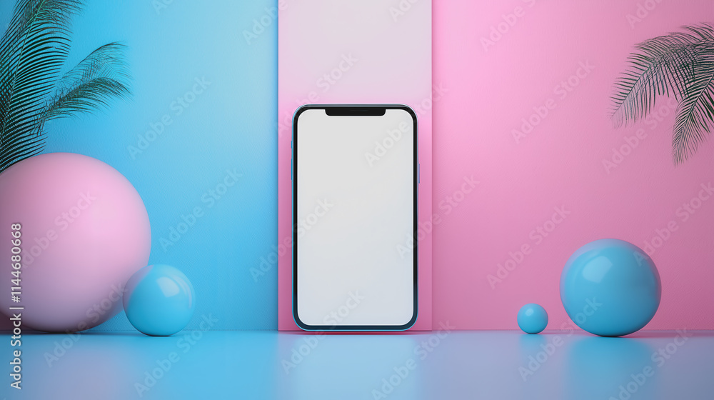 Poster vibrant minimalist smartphone display with colorful backdrop and geometric shapes for modern technol