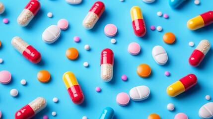 Assortment of pharmaceutical capsules and tablets in bright colors on a blue background