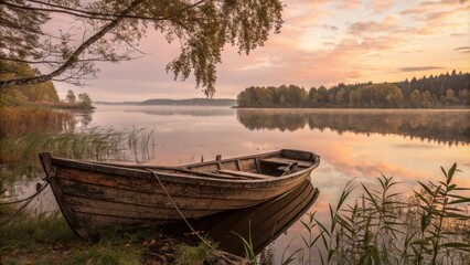 Obraz premium Nostalgic Oil Painting of an Old Wooden Boat at Sunset by Tranquil Water
