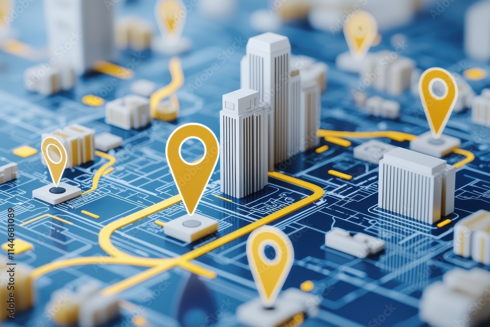 Poster a digital map features buildings and yellow location pins, highlighting urban navigation and geograp