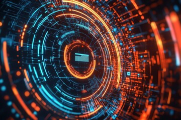 Fototapeta premium A vibrant digital design featuring concentric circles of blue and orange light, creating a futuristic, tech-inspired visual.