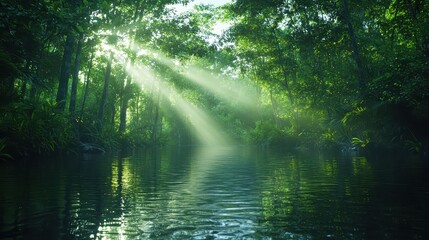 Winding river meanders through a vibrant forest with sunlight filtering through the trees