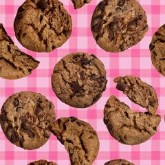 Oatmeal cookies with chocolate chip. Fresh tasty cookies. Colorful seamless pattern. Checkered pink background. Wallpaper, wrapping paper, print, textile, home decor template