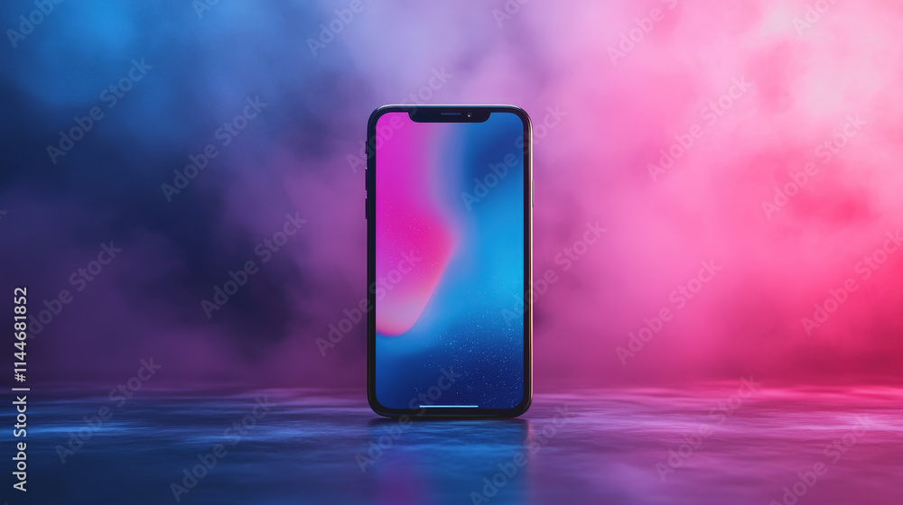 Poster modern smartphone with vibrant gradient display in colorful smoke background showcasing technology, 