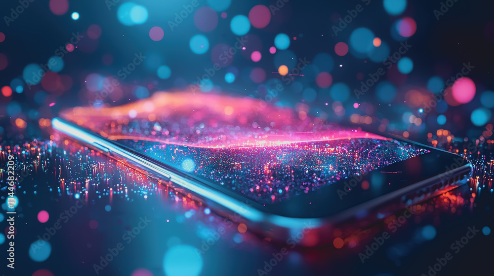 Poster vibrant abstract digital background with a smartphone surrounded by colorful bokeh lights and sparkl