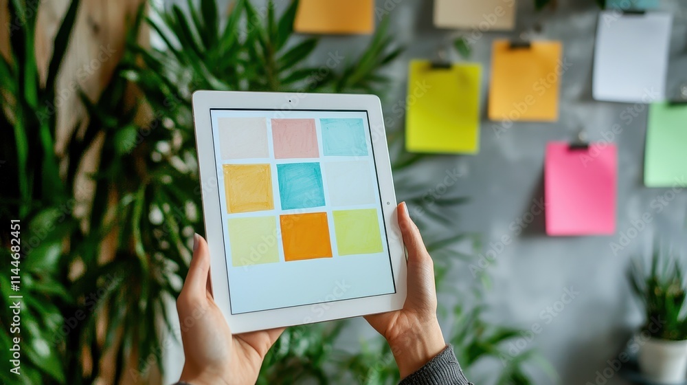Poster a person holds a tablet displaying colorful grids in front of a wall adorned with sticky notes and g