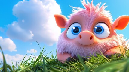 Fototapeta premium Cute pink piglet in grassy field, looking up.