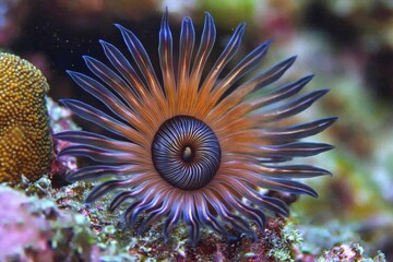 Fototapeta premium A Feather duster worm's tentacles form an almost perfect spiral as it grows on a coral reef in Indonesia