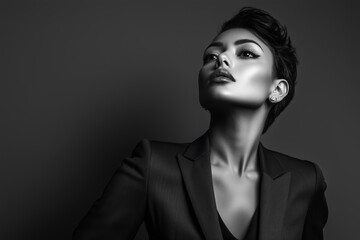 A timeless black-and-white portrait of a confident woman in a sleek blazer, exuding elegance, sophistication, and modern minimalism with striking light and shadow.	