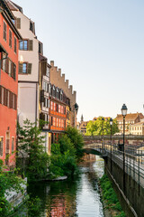 Strasbourg, France. Petite France quarter. Historic houses on the banks of the Ill River