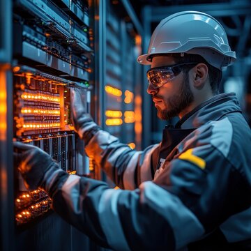 A technician in a hard hat and safety glasses works on a server rack, illuminated by glowing lights, showcasing a high-tech environment.