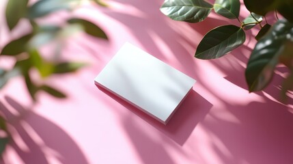 Fototapeta premium Business card mock-up showcased with plants on a bright surface for design inspiration