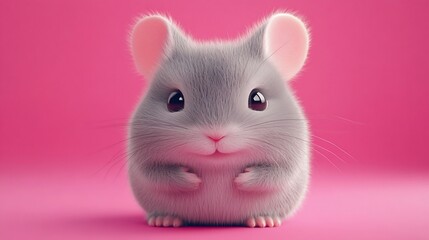 Cute fluffy gray hamster on pink background.